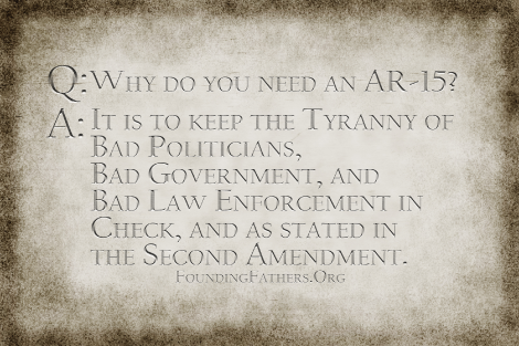 Q: Why do you need and AR-15? A: It is to keep the Tyranny of  Bad Politicians,  Bad Government, and  Bad Law Enforcment in  Check, and as stated in the Second Amendment.