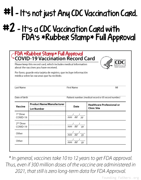 It's not Just any CDC Vaccination Card. It's a CDC Vaccination Card with the FDA's "Rubber Stamp" Full Approval