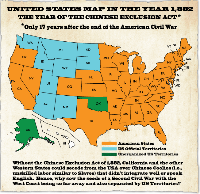 Map of United States in the Year 1,882 - The Year of the Chinese Exclusion Act* - 17 years after the end of the American Civil War