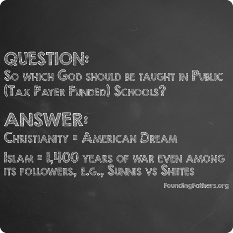 Q: Which God should be taught in Public (Tax Payer Funded) Schools? A: Christianity = American Dream; Islam = 1,400 years of war even among its followers, e.g. Sunnies vs Shiites