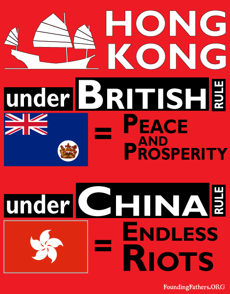 HONG KONG: under British rule: Peace and Prosperity. under China rule: Endless Riots